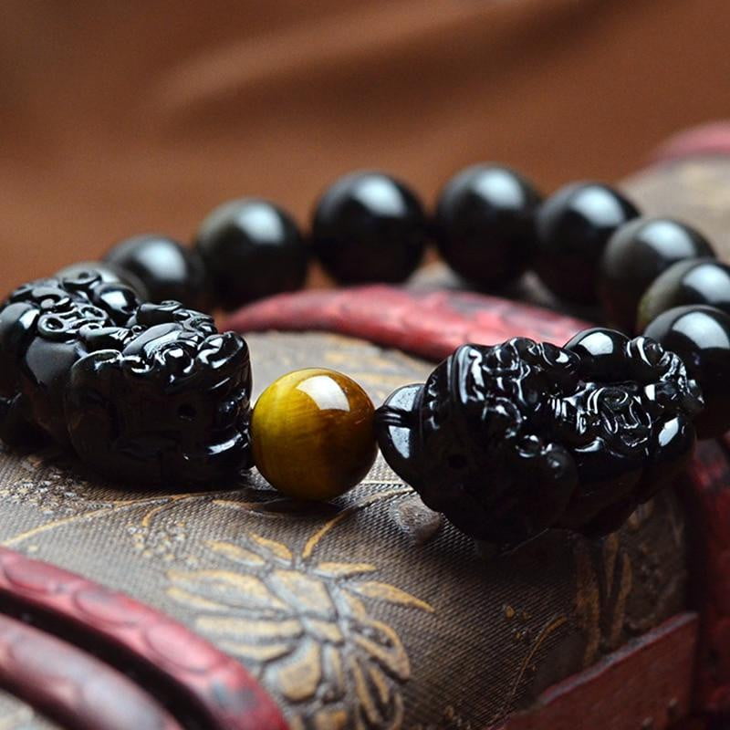 Natural Double Pixiu Black Obsidian Bracelet With Tiger Eye - Dharmic Buddha Power