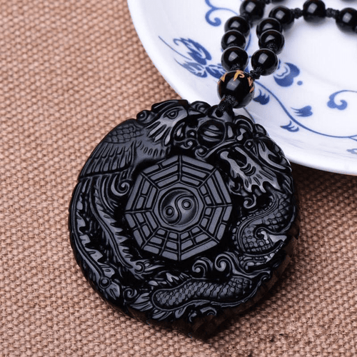 Carved Phoenix Black Obsidian Amulet Necklace