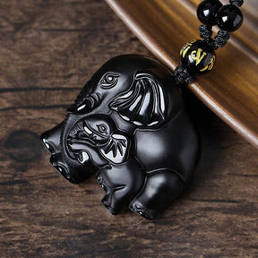 Carved Elephant Black Obsidian Pendant Necklace - Dharmic Buddha Power