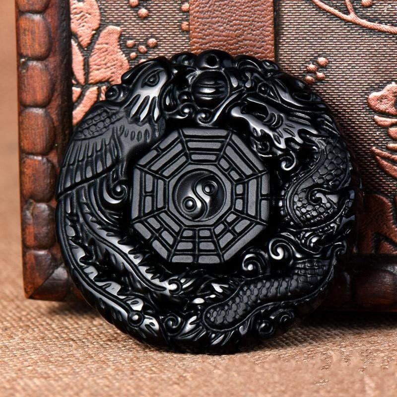 Carved Phoenix Black Obsidian Amulet Necklace - Dharmic Buddha Power