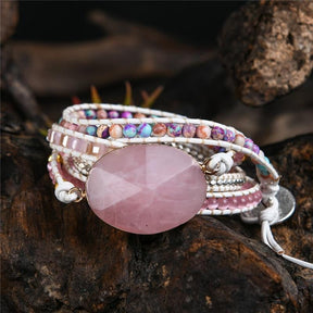 Handcrafted Rose Quartz Stone Boho Wrap Bracelet - Dharmic Buddha Power