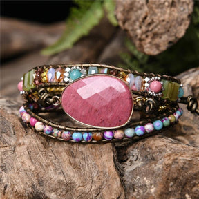 Handcrafted Rose Opal Stone Boho Wrap Bracelet - Dharmic Buddha Power