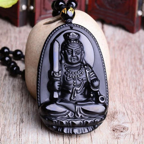 Carved Buddha Black Obsidian Amulet Necklace - Dharmic Buddha Power