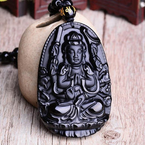 Carved Buddha Black Obsidian Amulet Necklace - Dharmic Buddha Power