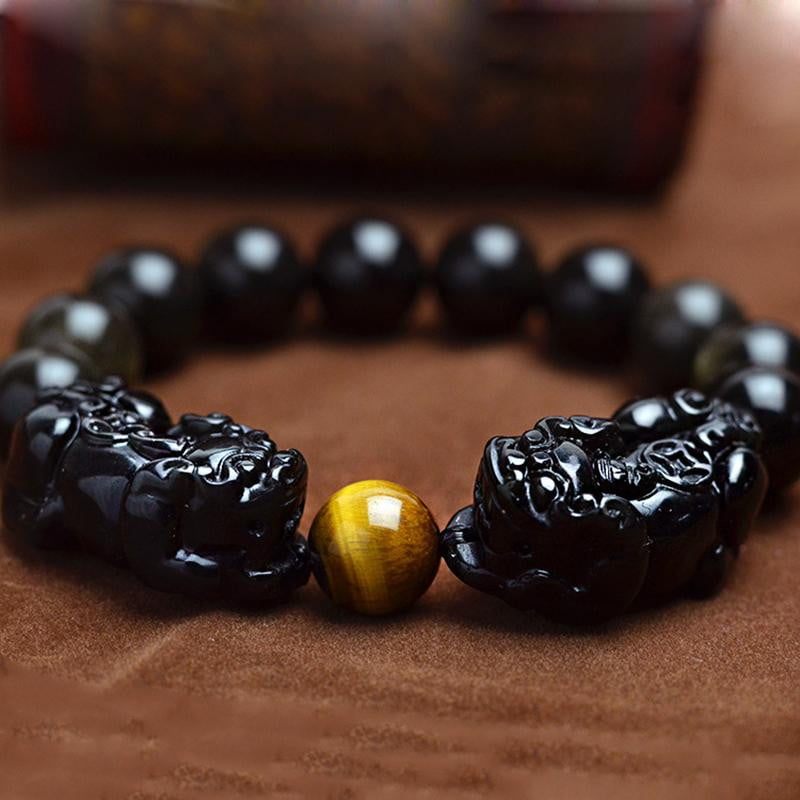 Natural Double Pixiu Black Obsidian Bracelet With Tiger Eye - Dharmic Buddha Power