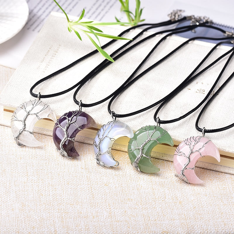 "Tree of Life" Crescent Crystal Stone Necklace