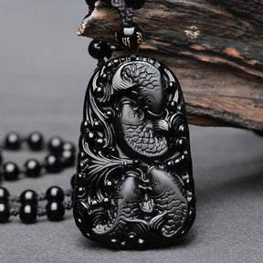 Carved Koi Fish Black Obsidian Amulet Necklace - Dharmic Buddha Power