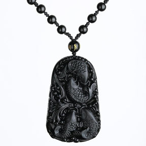 Carved Koi Fish Black Obsidian Amulet Necklace - Dharmic Buddha Power