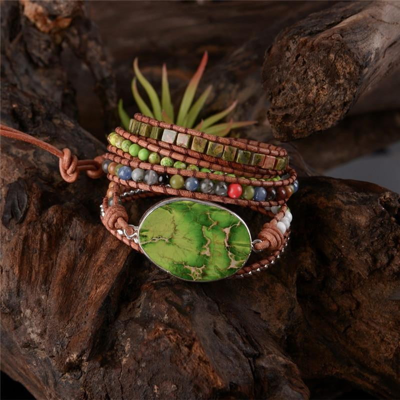 Handcrafted Emerald Stone Boho Wrap Bracelet - Dharmic Buddha Power